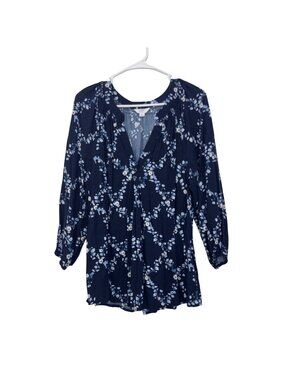 Crown & Ivy Floral Navy Peasant Top Blouse 3/4 Sleeves Size M 100% Rayon